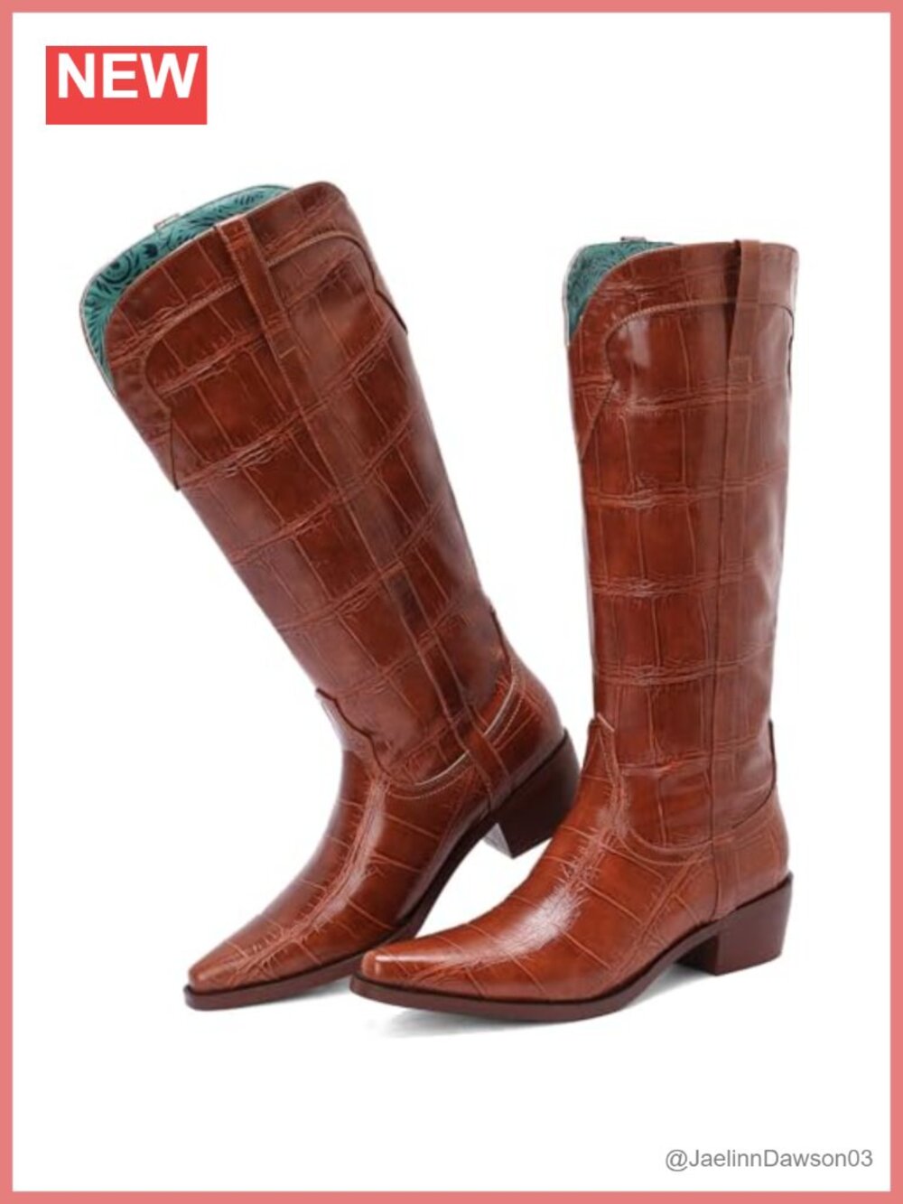 Knee High Western Cowboy Boots Wide Calf Faux Crocodile Leather Pointed Toe